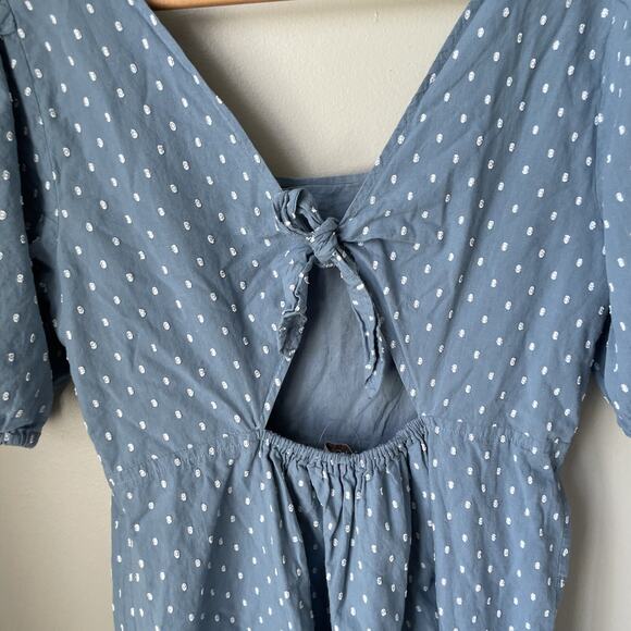 Ann Taylor LOFT Swiss Clip Dot Tie Back Flounce Swing Mini Dress Chambray Sz 12 - Picture 6 of 11